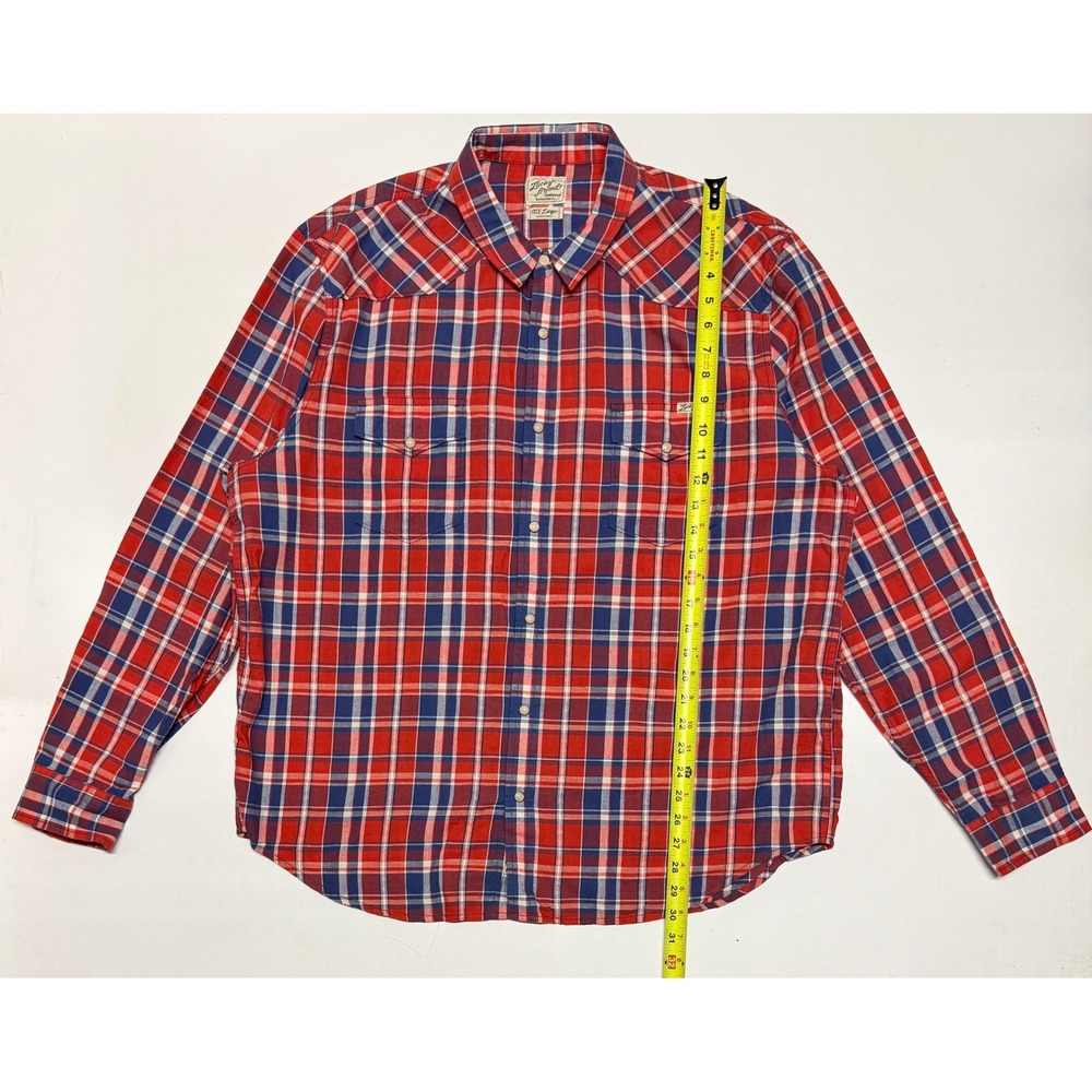 Lucky Brand Mens Red Blue Plaid Western Pearl Snap Shirt XXL Long Sleeve Cotton